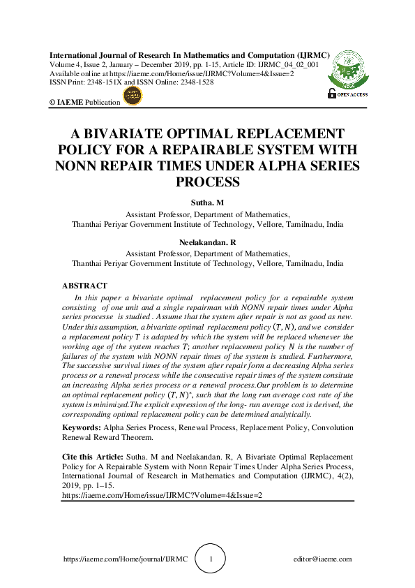 (PDF) A BIVARIATE OPTIMAL REPLACEMENT POLICY FOR A REPAIRABLE SYSTEM ...