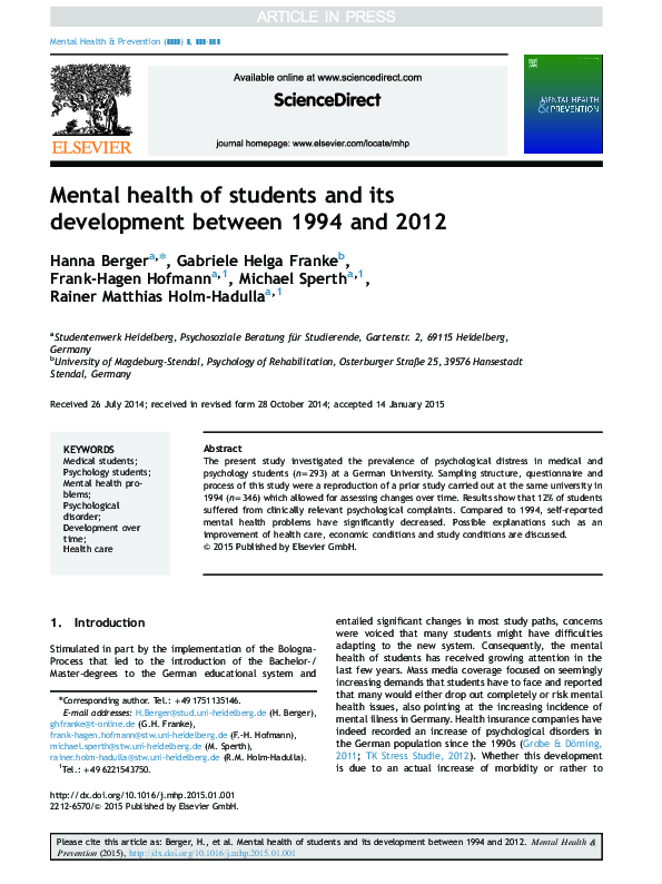 (PDF) Mental health of students and its development between 1994 and 2012