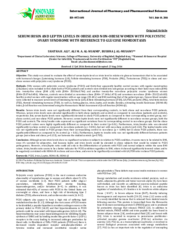 (PDF) SERUM IRISIN AND LEPTIN LEVELS IN OBESE AND NON-OBESE WOMEN WITH ...