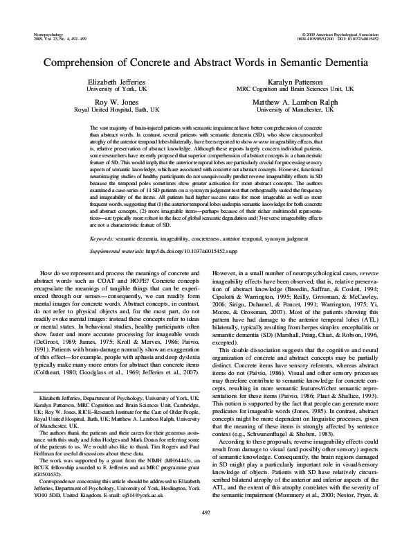 (PDF) Comprehension of concrete and abstract words in semantic dementia
