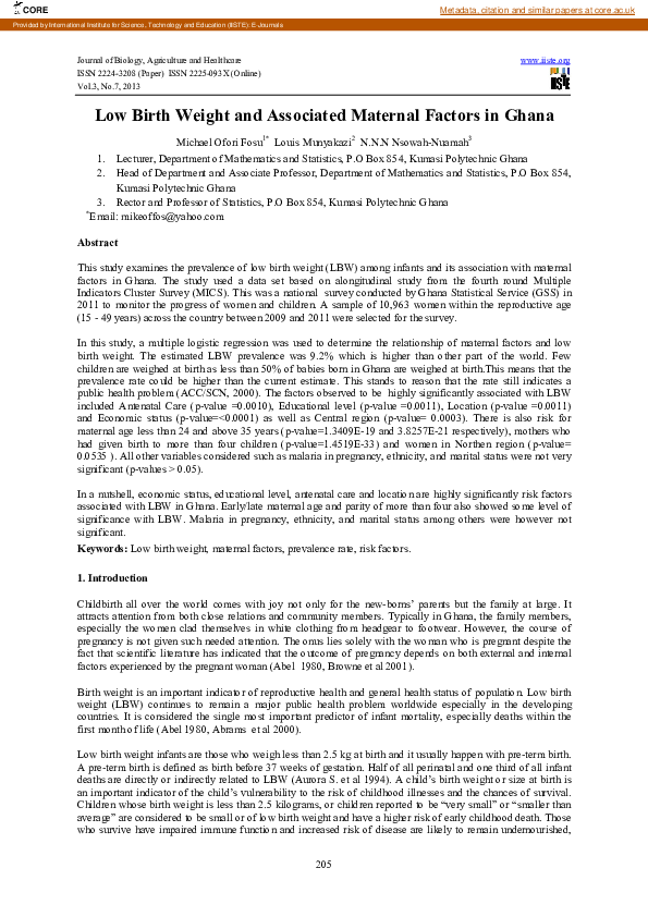 (PDF) Low Birth Weight and Associated Maternal Factors in Ghana