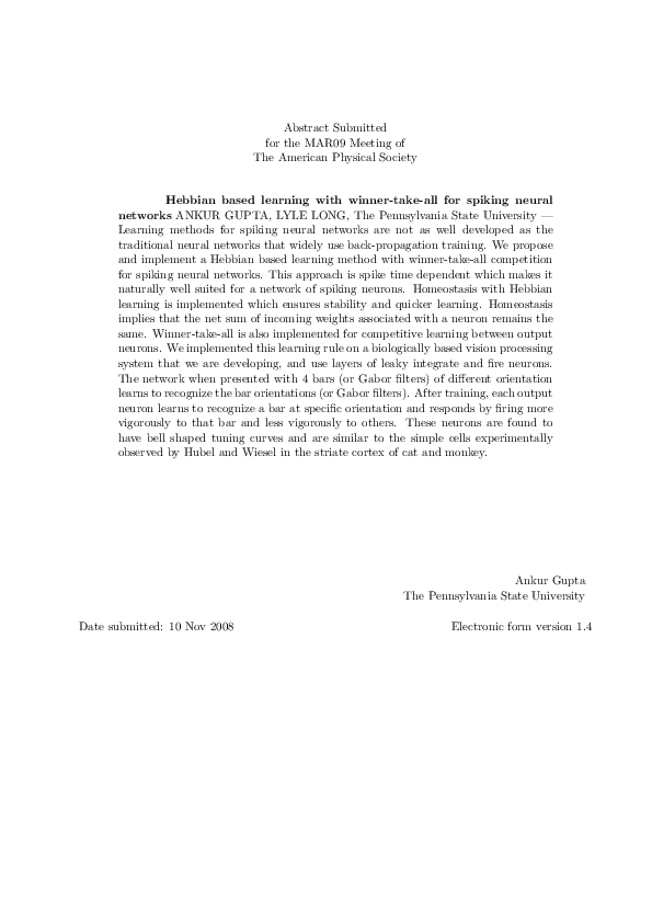 (PDF) Hebbian based learning with winner-take-all for spiking neural ...