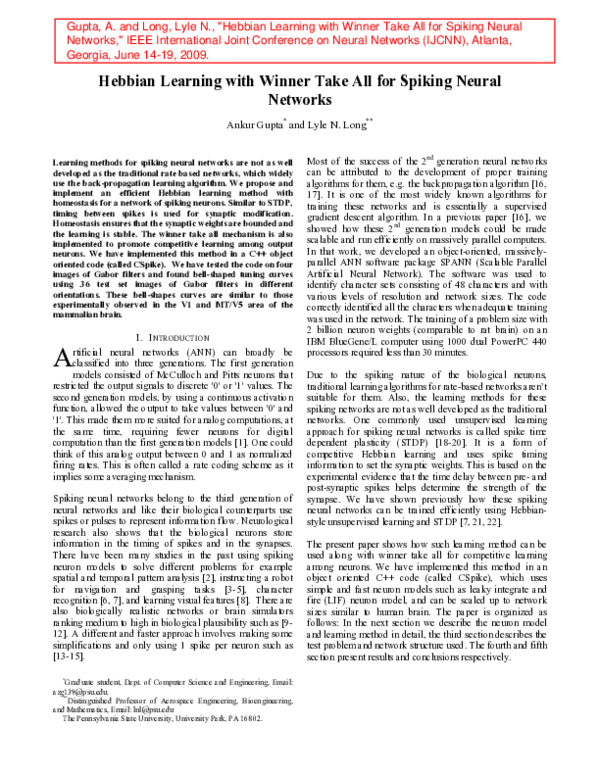 (PDF) Hebbian learning with winner take all for spiking neural networks