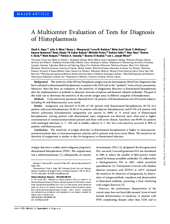 (PDF) A Multicenter Evaluation of Tests for Diagnosis of Histoplasmosis