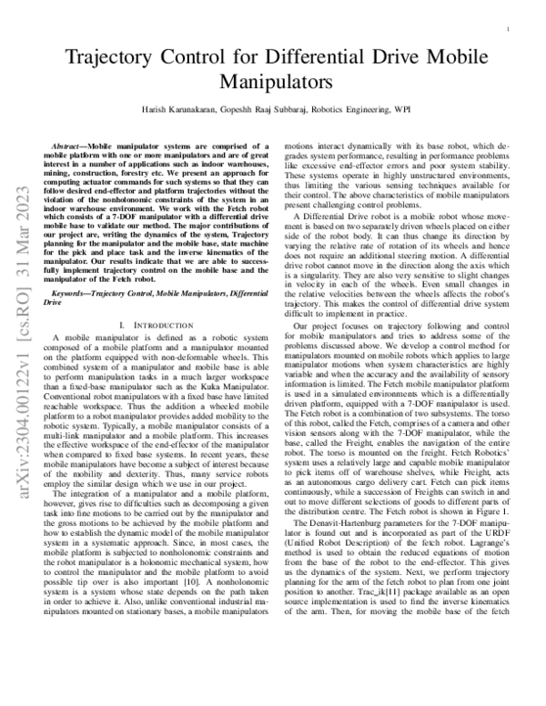 (PDF) Trajectory Control for Differential Drive Mobile Manipulators