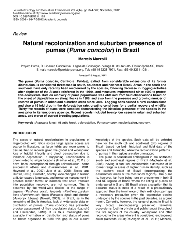 (PDF) Natural recolonization and suburban presence of pumas (Puma ...