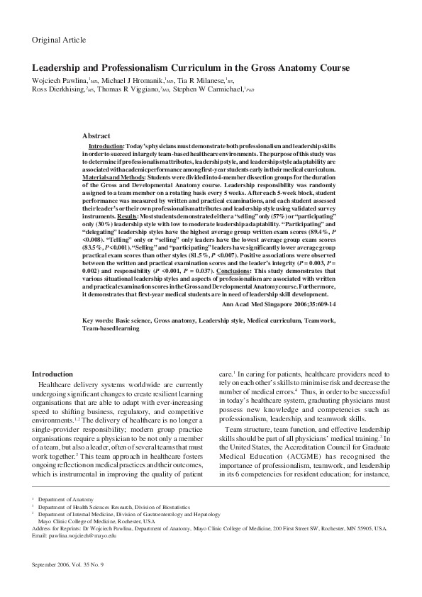 (PDF) Leadership and Professionalism Curriculum in the Gross Anatomy Course