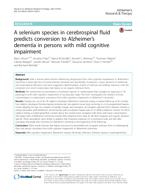 (PDF) A selenium species in cerebrospinal fluid predicts conversion to ...