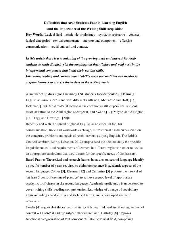 (PDF) Difficulties that Arab Students Face in Learning English