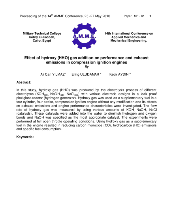 (PDF) Effect of hydroxy (HHO) gas addition on performance and exhaust ...