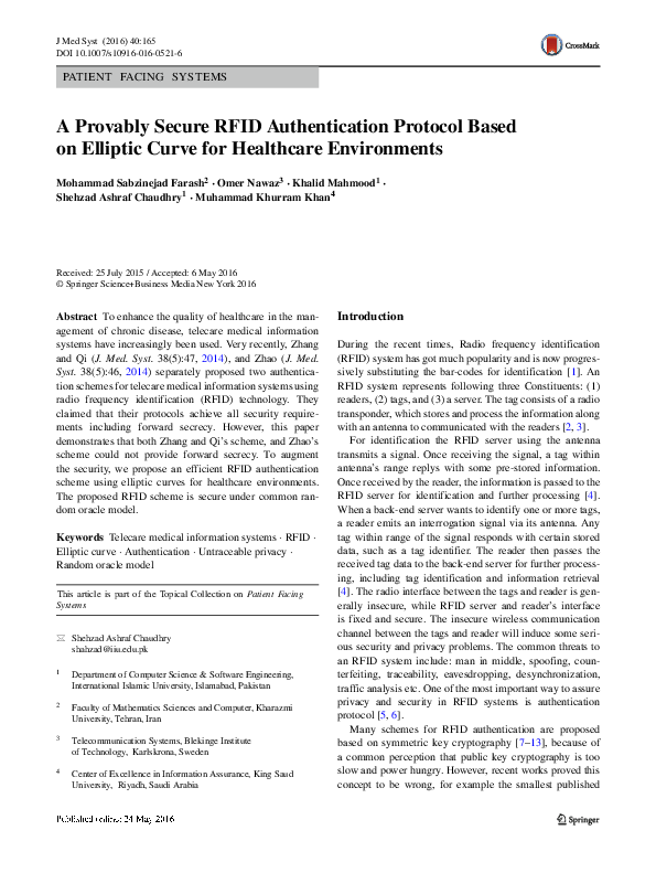 (PDF) A provably secure RFID authentication protocol based on elliptic ...