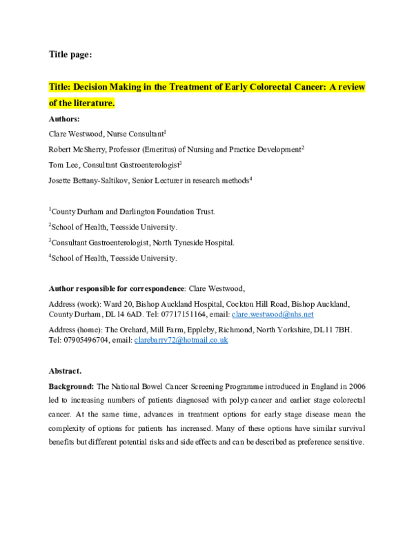 (PDF) Decision making in early-stage colorectal cancer treatments: a ...