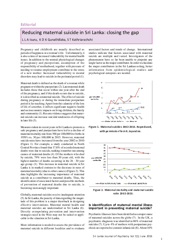 (PDF) Reducing maternal suicide in Sri Lanka: closing the gap