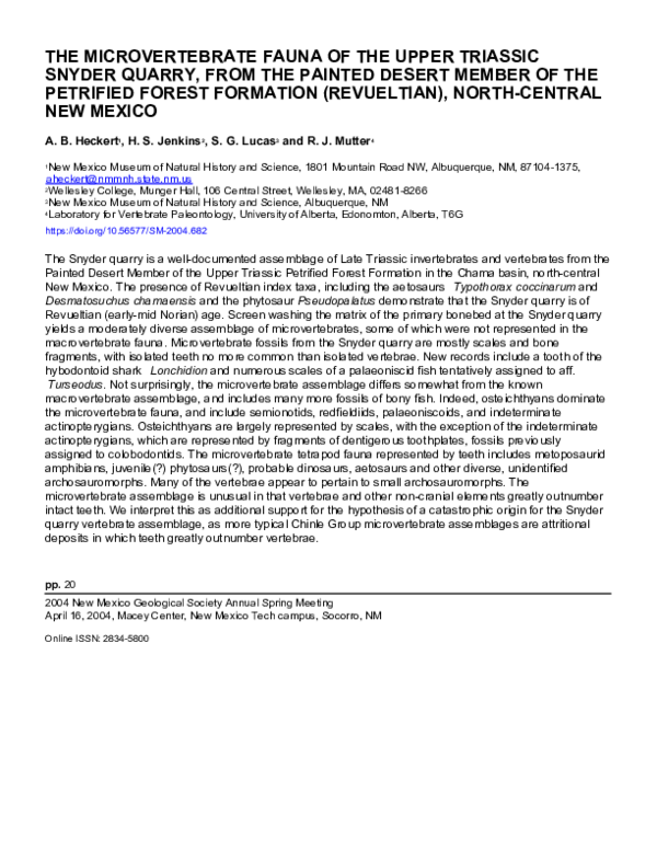 (PDF) The Microvertebrate Fauna of the Upper Triassic Snyder Quarry