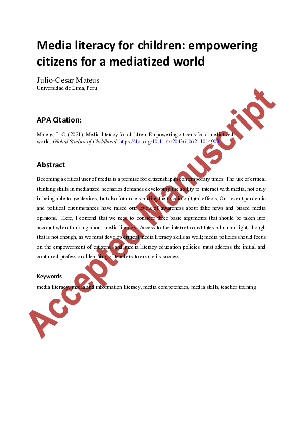 (PDF) Media literacy for children: Empowering citizens for a mediatized ...