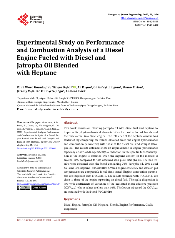 (PDF) Experimental Study on Performance and Combustion Analysis of a ...