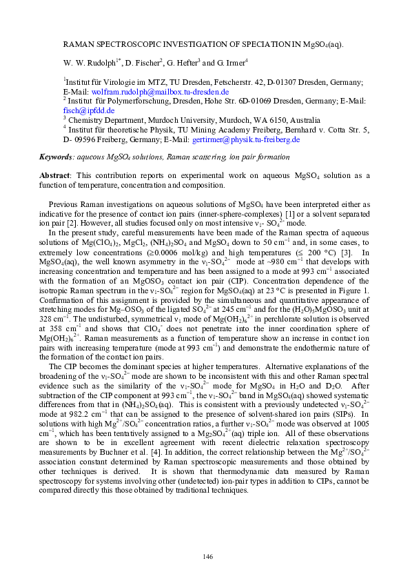 (PDF) Raman spectroscopic investigation of speciation in MgSO4(aq)