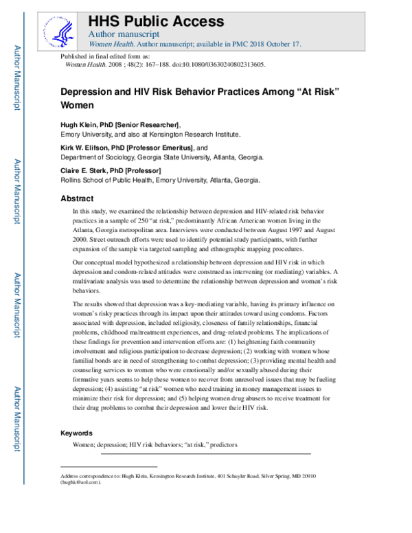 (PDF) Depression's Impact on HIV Risk in Women