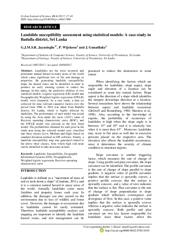 (PDF) Landslide susceptibility assessment using statistical models: A ...