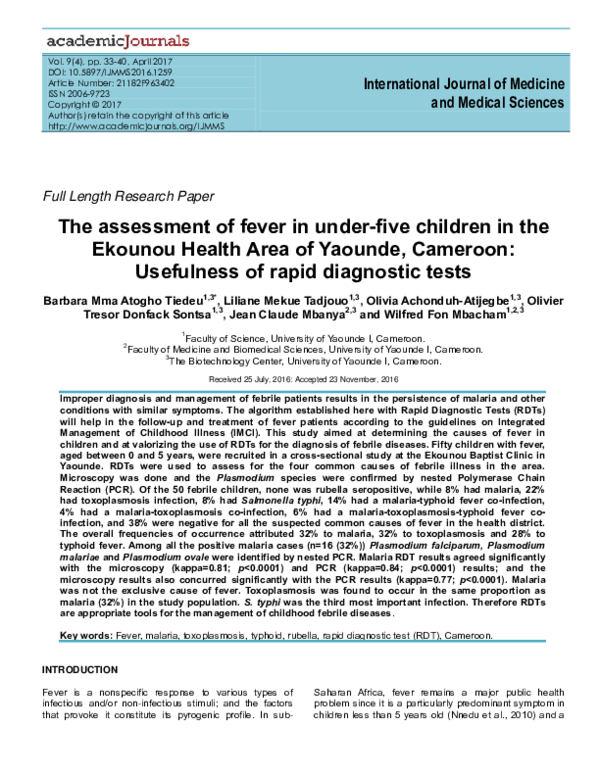 (PDF) The assessment of fever in under-five children in the Ekounou ...