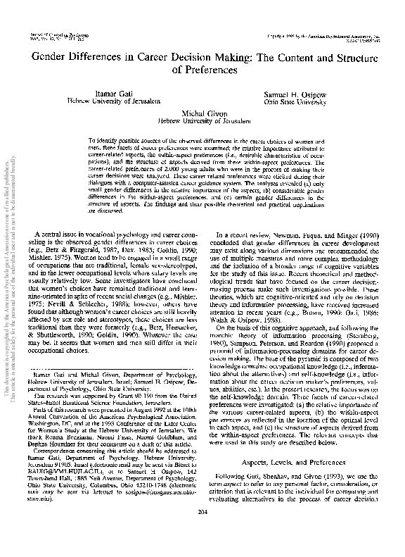 (PDF) Gender differences in career decision making: The content and ...