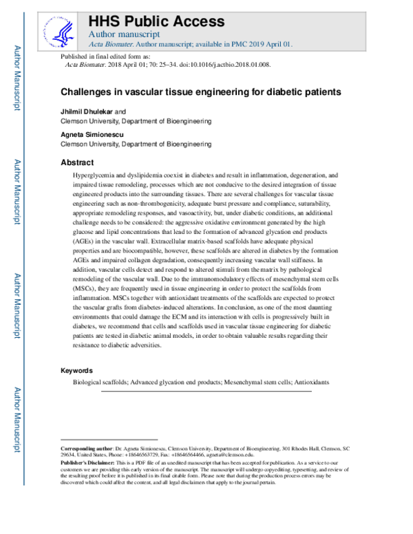 (PDF) Challenges in vascular tissue engineering for diabetic patients