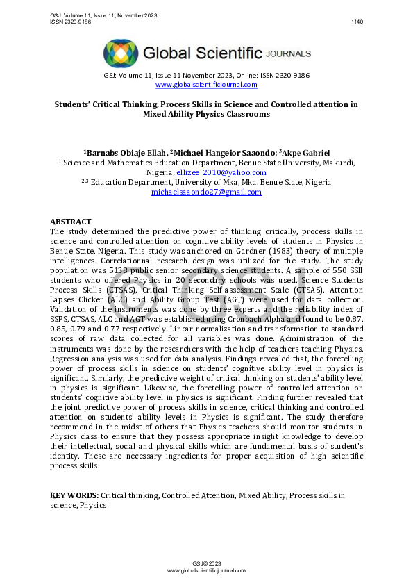 (PDF) Students' Critical Thinking, Process Skills in Science and ...
