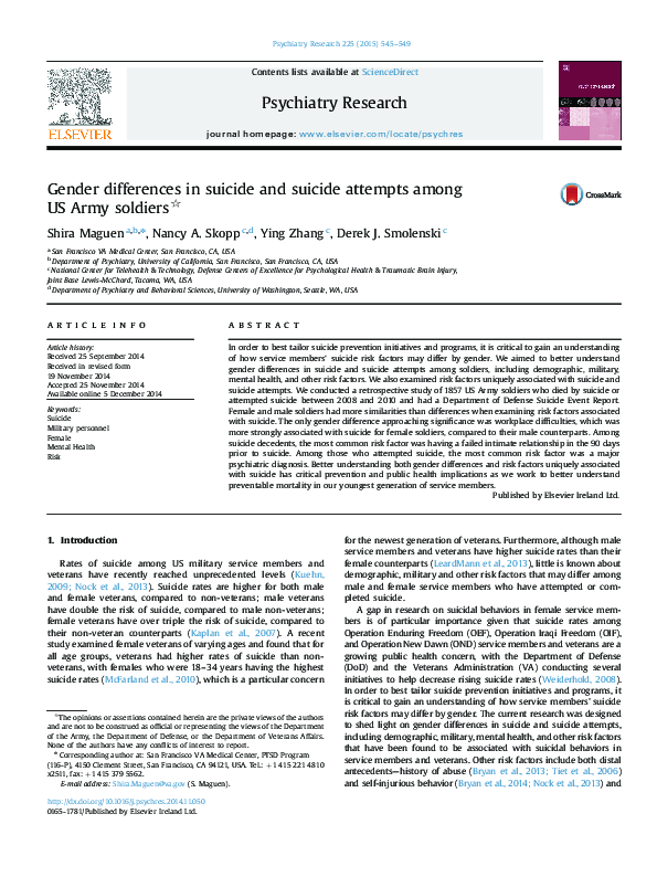 (PDF) Gender differences in suicide and suicide attempts among US Army ...