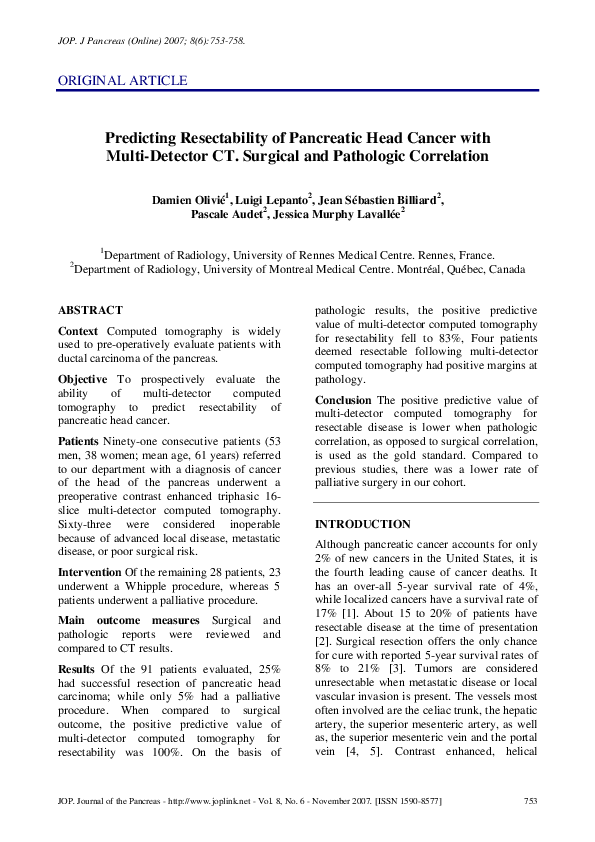 (PDF) Predicting resectability of pancreatic head cancer with multi ...