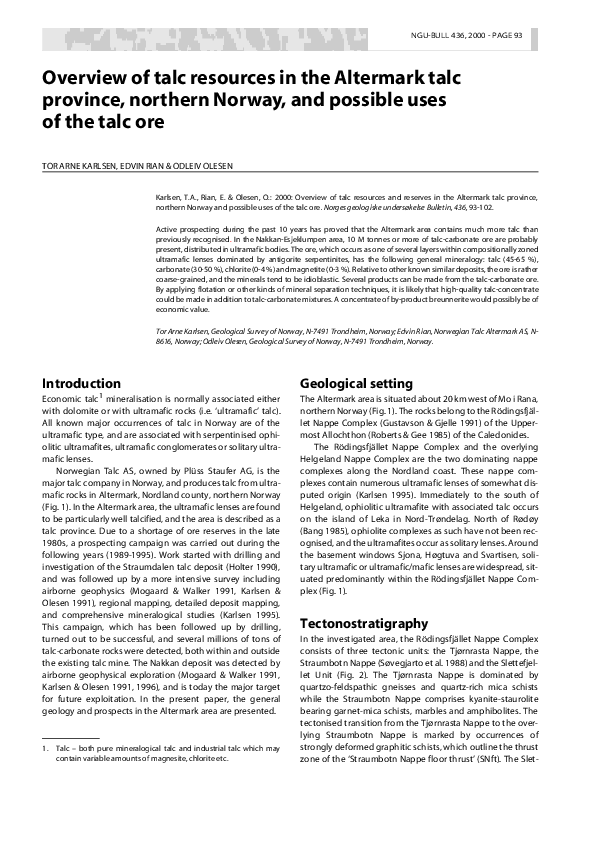(PDF) Overview of talc resources in the Altermark talc province ...