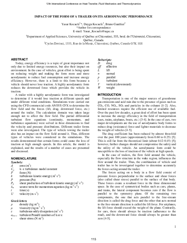 (PDF) Impact of the form of a trailer on its aerodynamic performance