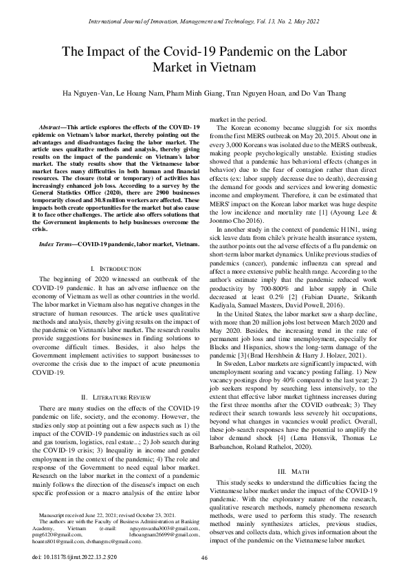 (PDF) The Impact of the Covid-19 Pandemic on the Labor Market in Vietnam