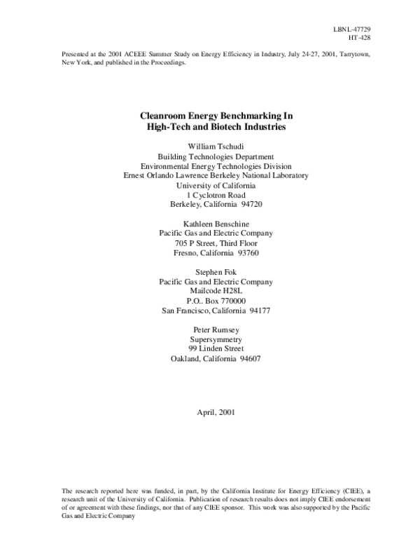 (PDF) Cleanroom energy benchmarking in high-tech and biotech industries