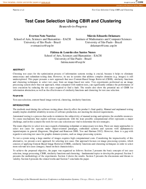 (PDF) Test Case Selection Using CBIR and Clustering