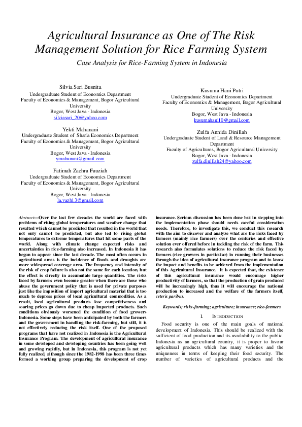 (PDF) Agricultural Insurance as One of The Risk Management Solution for ...