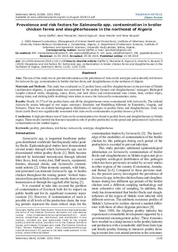(PDF) Prevalence and risk factors for Salmonella spp. contamination in ...