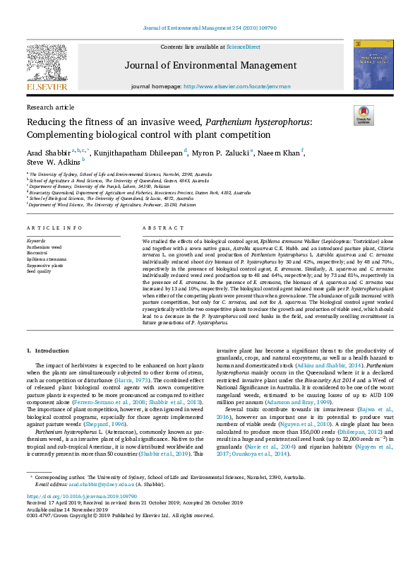 (PDF) Reducing the fitness of an invasive weed, Parthenium ...