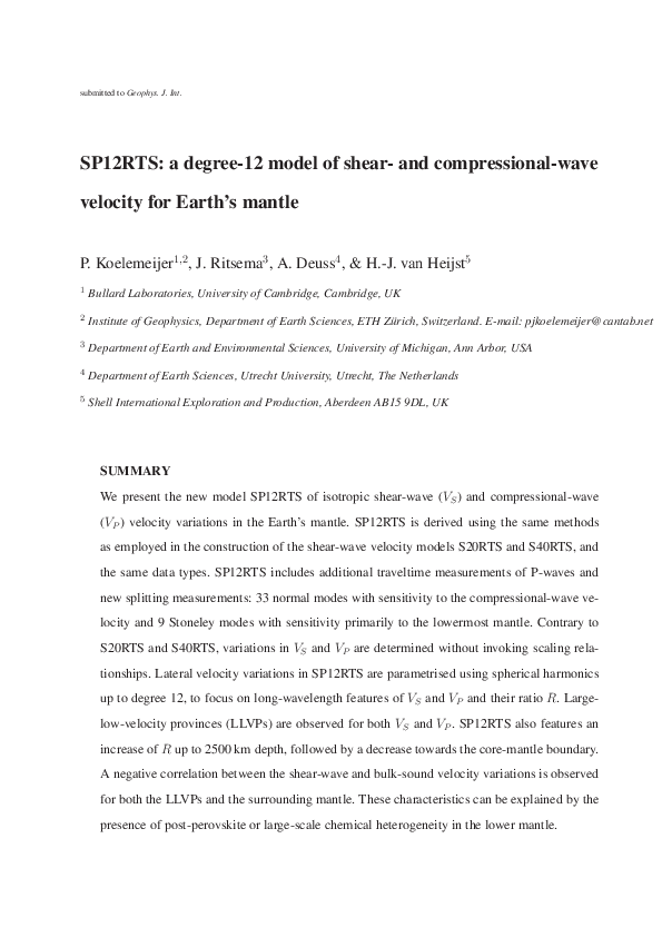 (PDF) SP12RTS a degree12 model of shear and compressionalwave