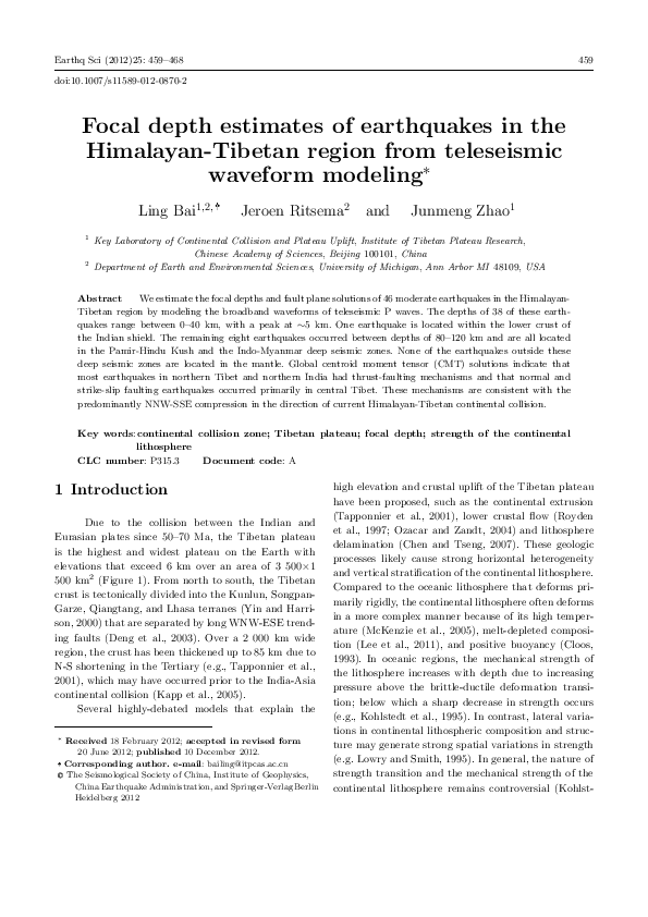 (PDF) Focal depth estimates of earthquakes in the HimalayanTibetan