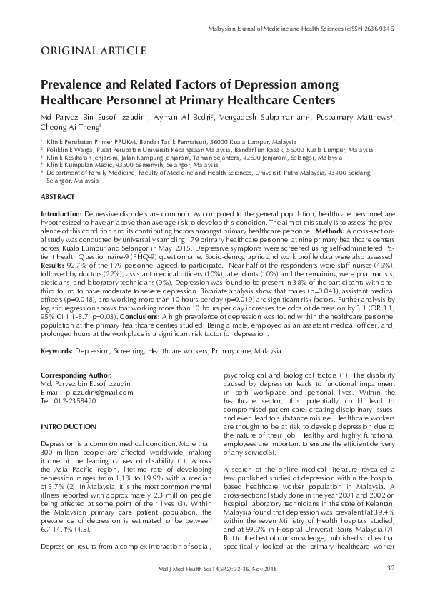 (PDF) Prevalence and related factors of depression among healthcare ...
