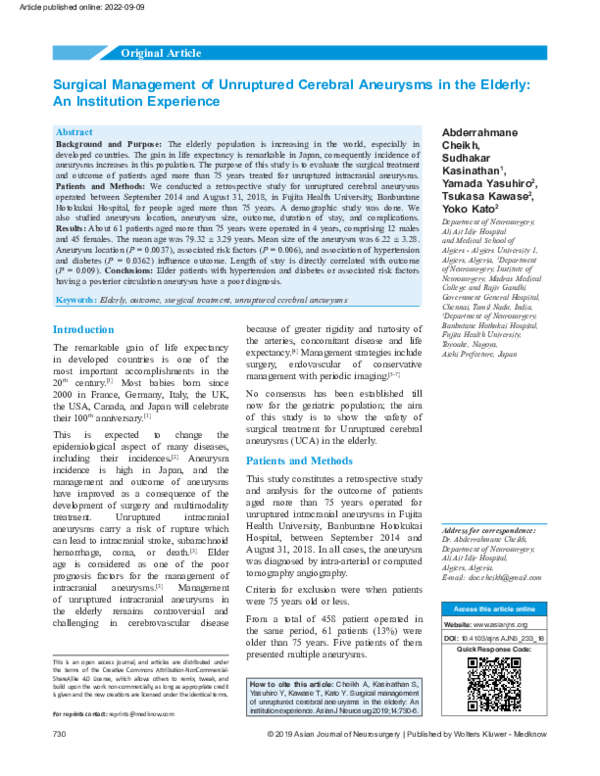 (PDF) Surgical management of unruptured cerebral aneurysms in the ...