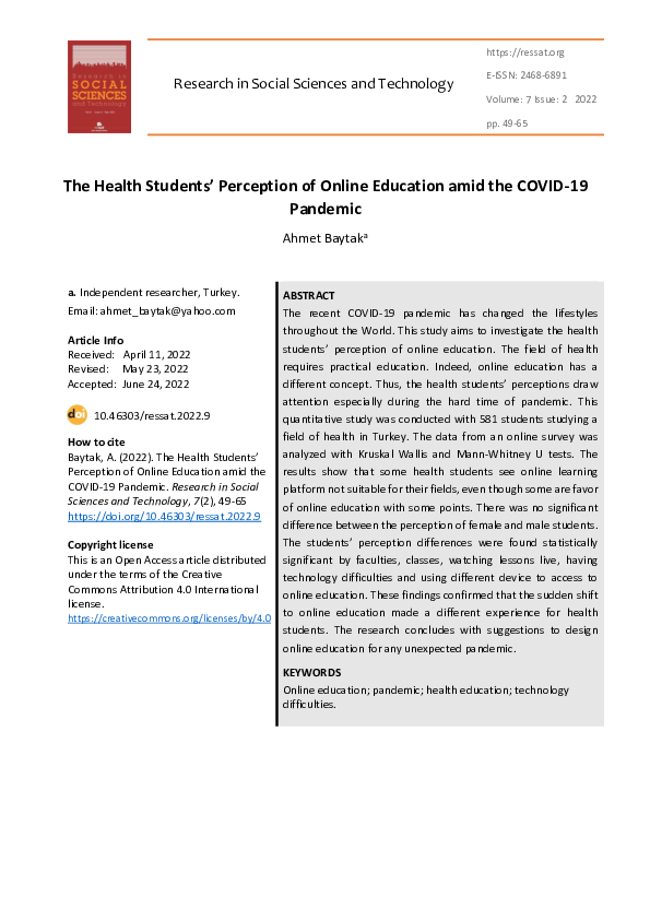 (PDF) The Health Students’ Perception of Online Education amid the Pandemic