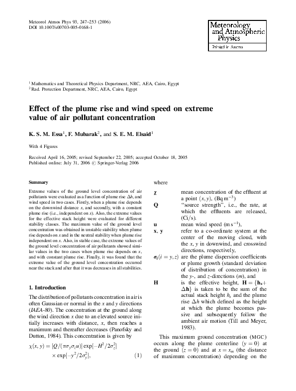 (PDF) Effect of the plume rise and wind speed on extreme value of air ...