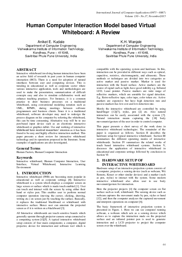 (PDF) Human Computer Interaction Model based Virtual Whiteboard: A ...