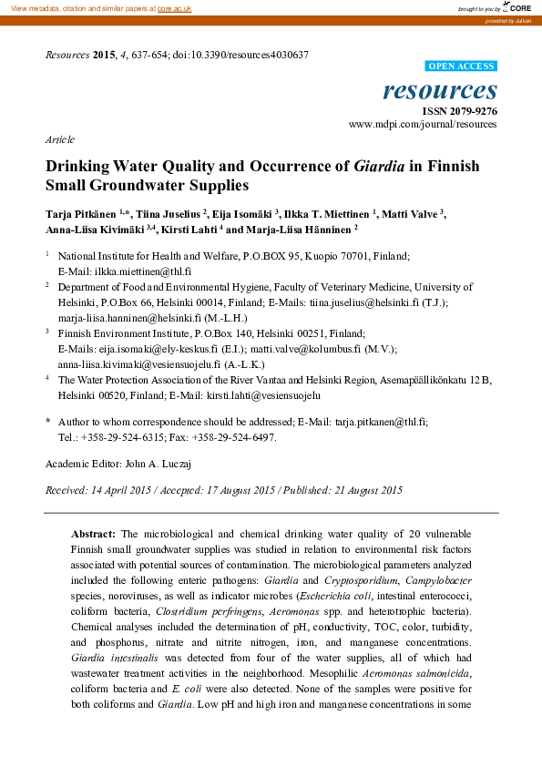 (PDF) Drinking water quality and occurrence of Giardia in Finnish small ...