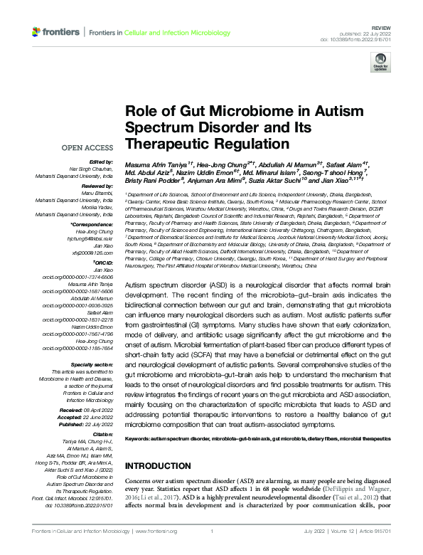 (PDF) Role of Gut Microbiome in Autism Spectrum Disorder and Its ...