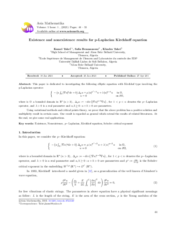 (PDF) Existence and nonexistence results for p-Laplacian Kirchhoff equation