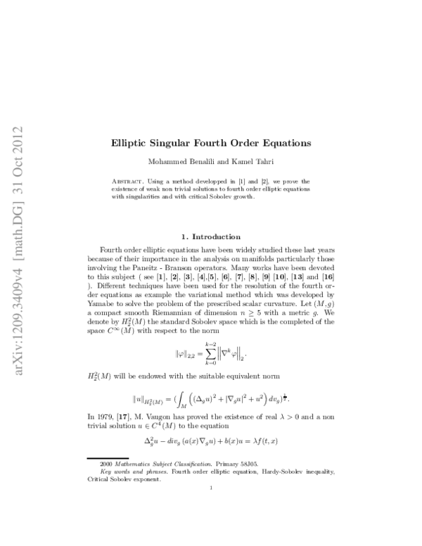(PDF) Weak Solutions for Singular Fourth Order Elliptic Equations