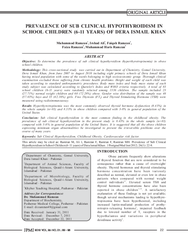 (PDF) Prevalence of Sub Clinical Hypothyroidism in School Children (6 ...