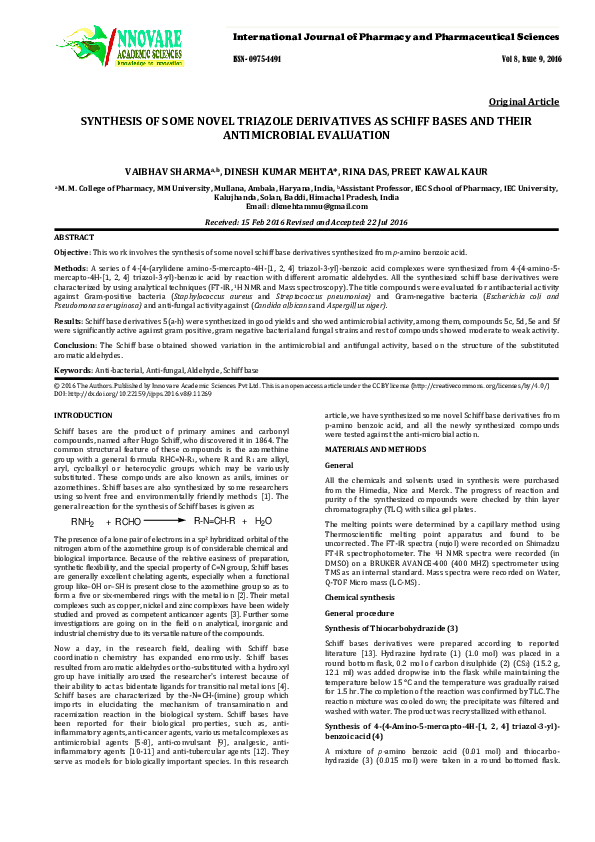 (PDF) SYNTHESIS OF SOME NOVEL TRIAZOLE DERIVATIVES AS SCHIFF BASES AND ...